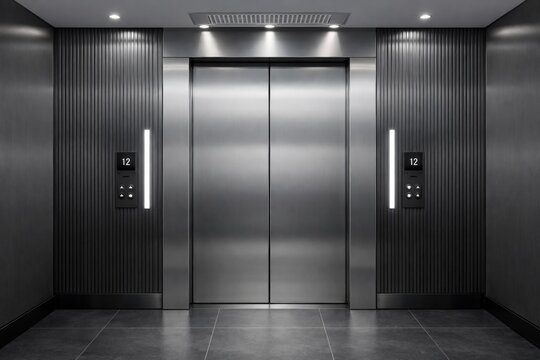 Modern elevator doors in sleek black interior with floor indicator display. Ai generative