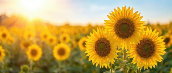 Obraz premium Sunflower blooming action in vibrant field nature photography at sunrise bright colors and warm atmosphere captured from eye-level perspective for stunning visual impact
