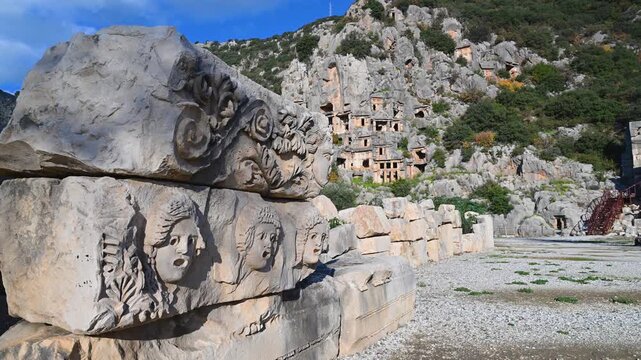 Lycian rock cut tombs at Myra in Demre, Turkey with ancient carved stones