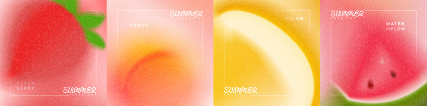 Trendy summer gradient cards. Abstract vector cars with colourful gradients and blurred summer fruit. Collection of grainy backgrounds for summer flyer, celebration, ads, branding, cover, sale.