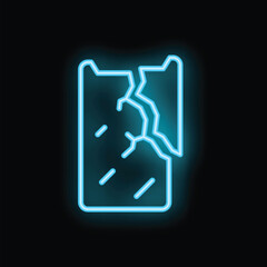 Glowing neon line icon of a smartphone with cracks across the screen display