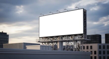 Obraz premium Billboard with a blank space for advertisement against the backdrop of an urban landscape and buildings and a cloudy sky