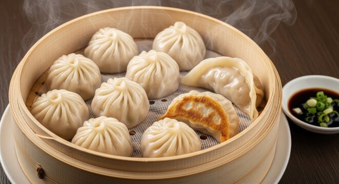 Steamed dumplings in a bamboo steamer basket