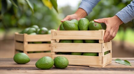 Wooden crates filled with fresh avocados being arranged on a wooden table in an orchard with green foliage and blurred background