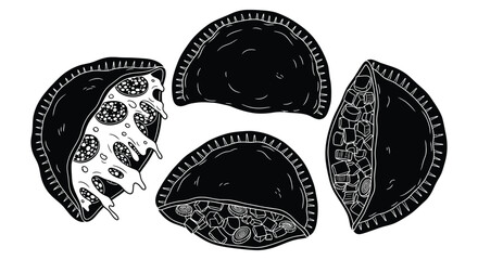 A detailed black and white illustration showcases three empanadas in varying stages of being eaten a striking silhouette high quality © jivect02