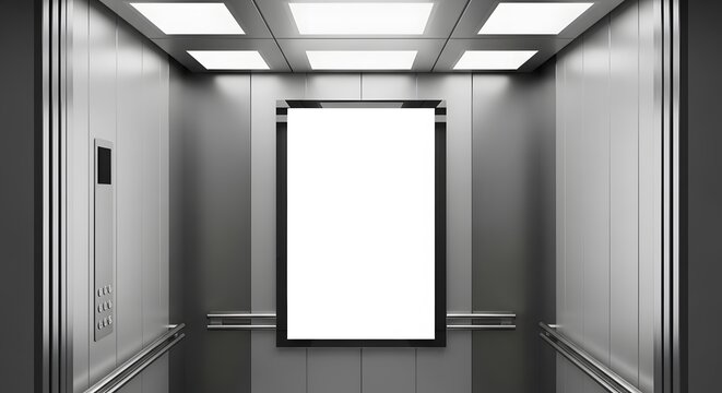Image of an elevator interior with a blank display ad and reflecting walls