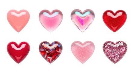 Assortment of Hearts Symbols in Red and Pink Hues Glitter Gem and Glossy Textures