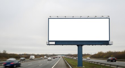 Obraz premium Blank billboard with cars passing on the highway and grey sky