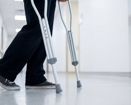 Person walking with crutches in hospital hallway, mobility aid, recovery concept