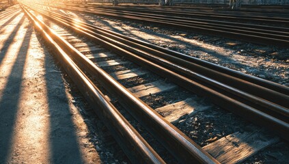 Obraz premium Sunlight Streams Across Railroad Tracks at Dusk.