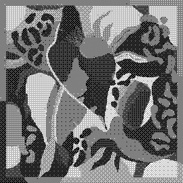 A black and white halftone illustration of a floral pattern