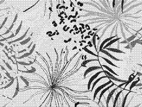 Black and white floral pattern with leaves on textured background