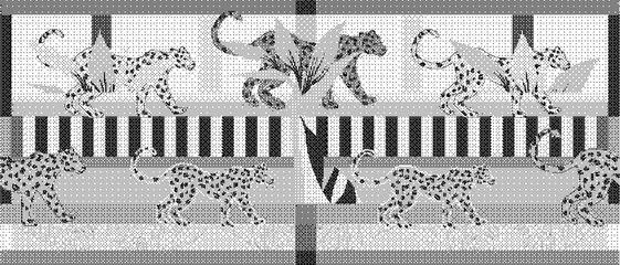 Black and white illustration of cheetahs and leopards on a striped pattern © Over View