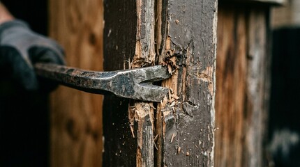 Crowbar Tip Wedged Between Door and Frame Showing Pressure Stress Marks