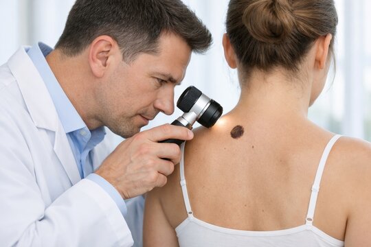 Dermatologist examining skin mole on woman's back.. Ai generative