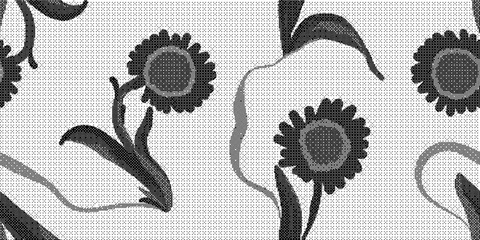 Black and white floral pattern with sunflowers on textured background © Over View
