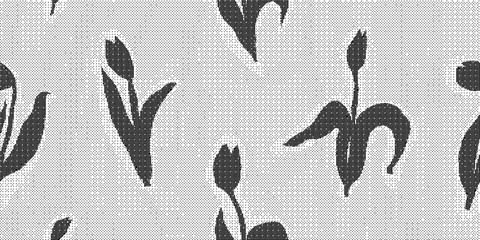 Black and white floral pattern with leaves and buds on textured background © Over View