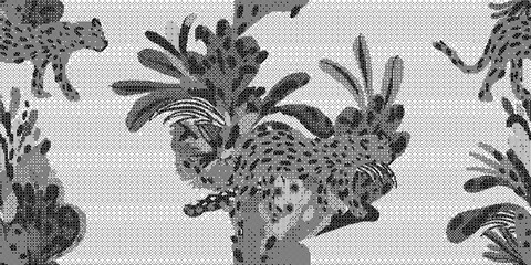 Black and white cheetah and foliage pattern on textured background © Over View