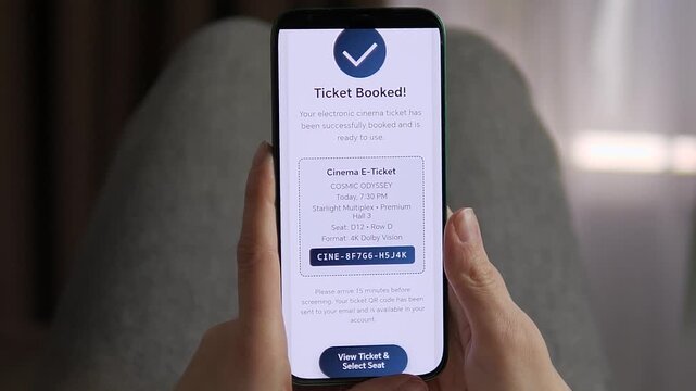 Close up of hands reserving movie tickets via mobile app, choosing seats, processing payment and getting instant confirmation. Modern online booking workflow with progress animation. Ideal for digital
