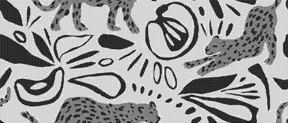Black and white animal print fabric with cheetahs and leaves pattern © Over View
