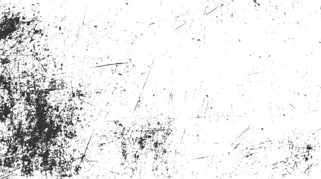 Black ink splatters and fine scratches on a white textured background grunge