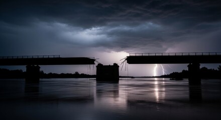 Fototapeta premium Broken Bridge Silhouette Under Stormy Lightning Sky