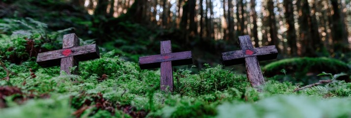 Obraz premium Three wooden crosses standing on a mossy forest floor representing the crucifixion and resurrection of Jesus Christ for religious branding and spiritual church media