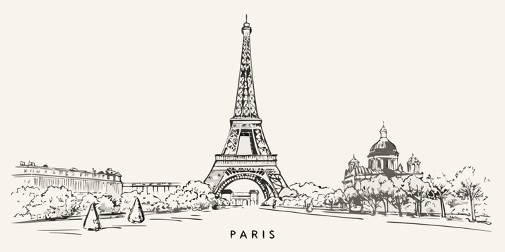A detailed sketch depicts the eiffel tower and surrounding parisian architecture