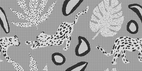 Black and white cheetah pattern on gray background with spots and leaves © Over View