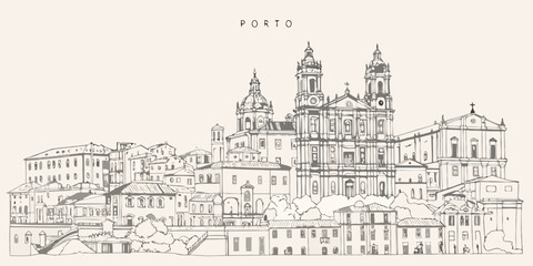 Detailed sketch of the Cl rigos Church and cityscape of Porto Portugal © Ruhidas