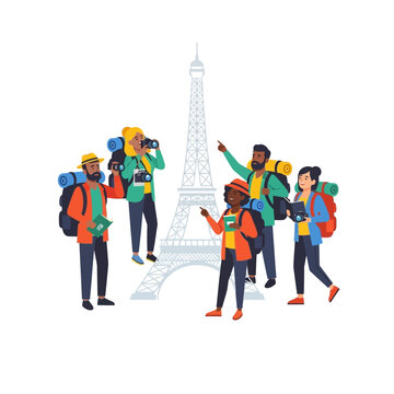 Diverse tourists with backpacks near Eiffel Tower, Paris, taking photos