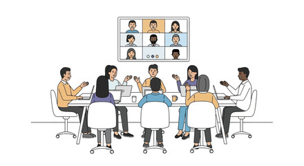 People in a meeting with a video conference displayed on a wall screen