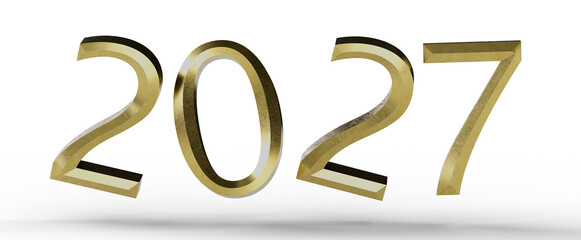 Elegant gold 2027 text in 3D on white, perfect for New Year designs, promotions, greetings and festive event announcemen © vegefox.com