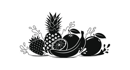 A striking black and white illustration showcases a variety of tropical fruits in a detailed silhouette high quality © jivect02