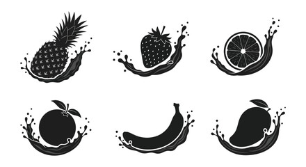 A striking collection of tropical fruit designs featuring dynamic splashes presented as black silhouettes high quality professional detailed © jivect02