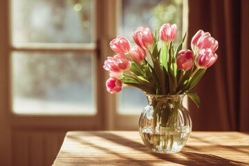 Fototapeta premium bouquet of fresh tulips in glass vase