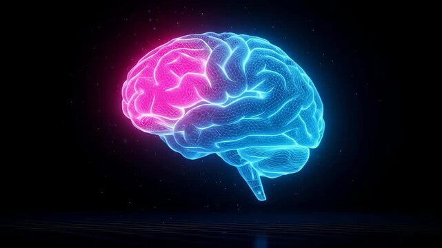 Futuristic neon-bright digital brain visualization animation