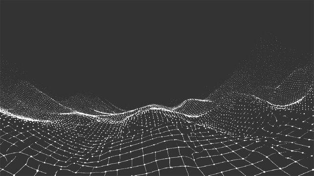 White abstract digital mesh network with glowing nodes on dark gray background grid