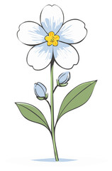 Illustrated depiction of a delicate white flower with blue accents and green leaves.