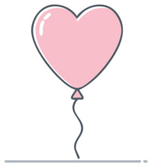 Isolated pink heart shaped balloon illustration, floating, decoration element for celebrations and romantic occasions, valentines day symbol, outline