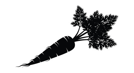 A striking black silhouette depicts a freshly harvested carrot with vibrant green leafy tops silhouette high quality professional © jivect02