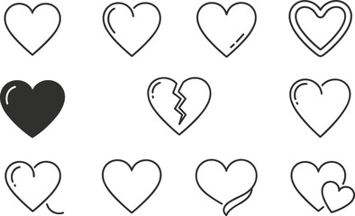 Heart Icons Collection in Outline and Solid Style Isolated on White Background for Love, Valentine, and Romantic Design