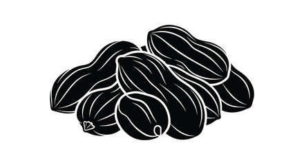 A striking black and white illustration depicts a cluster of cacao pods in a bold defined silhouette © jivect02