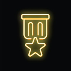 Obraz premium Glowing neon yellow military medal of honor with ribbon and star on black background