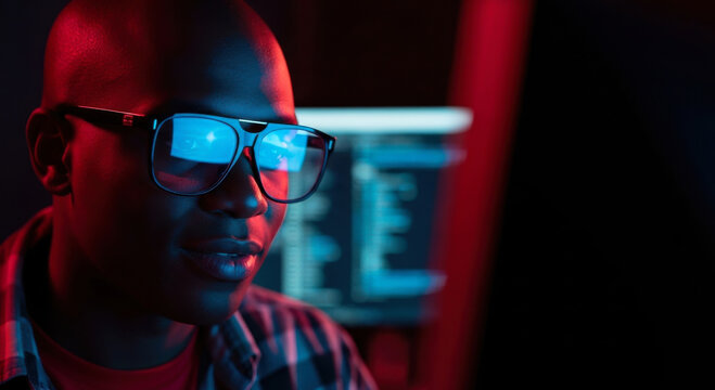 Portrait of man wearing glowing glasses in dark room