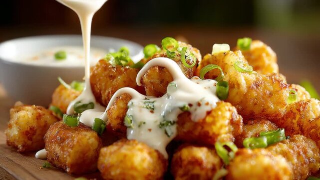Crispy loaded tater tots with creamy sauce.