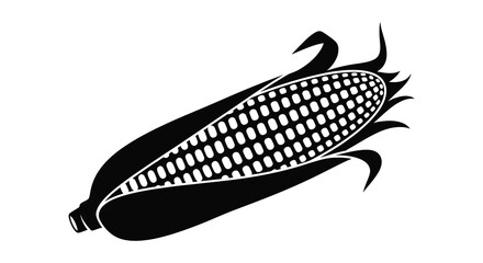 A striking black and white illustration depicts a single ear of corn with detailed kernels and husk silhouette high quality © jivect02