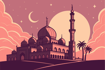 Vector illustration of mosque with domes and minaret at sunset © MAHABUB