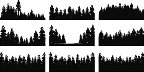 WebSet of black pine forest silhouettes, evergreen spruce tree treeline borders, coniferous woodland landscape elements for nature and outdoor design projects. © Md