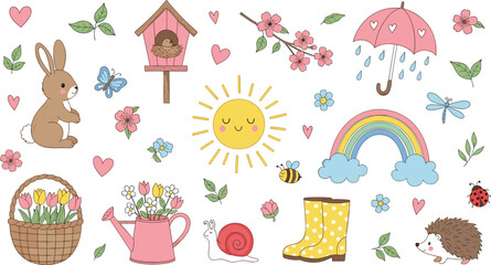Cute Spring Garden Illustration Set with Bunny, Rainbow, Flowers, Snail and Sun Isolated on White Background for Kids Design © MDRahamat